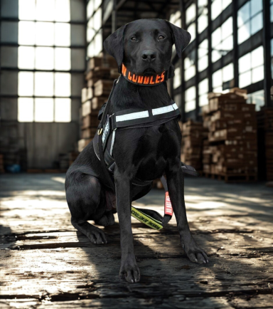 HMPDD Rodney black labrador ready to search warehouse
